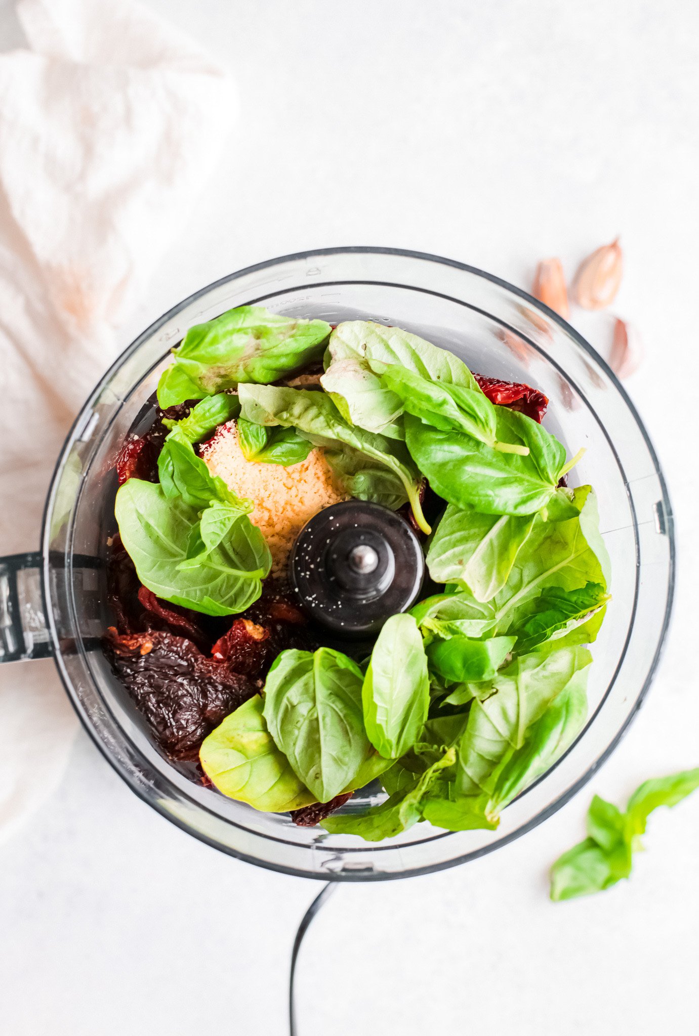 Sun-Dried Tomato Pesto Pasta ingredients in a blender. 