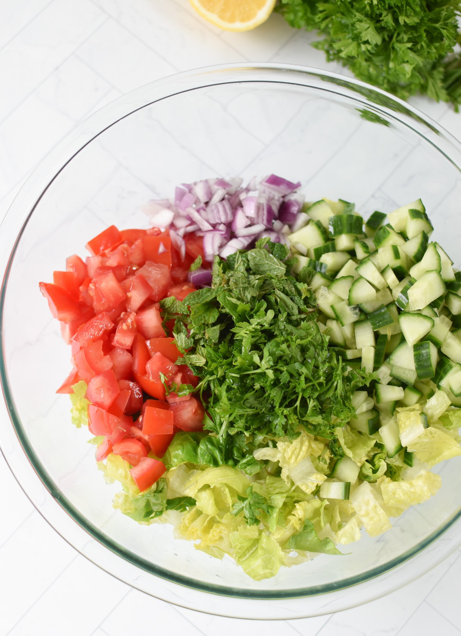 Easy Arabic Salad ingredients in bowl.