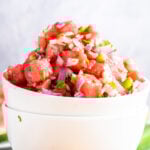 Easy Watermelon Salsa in a white bowl.