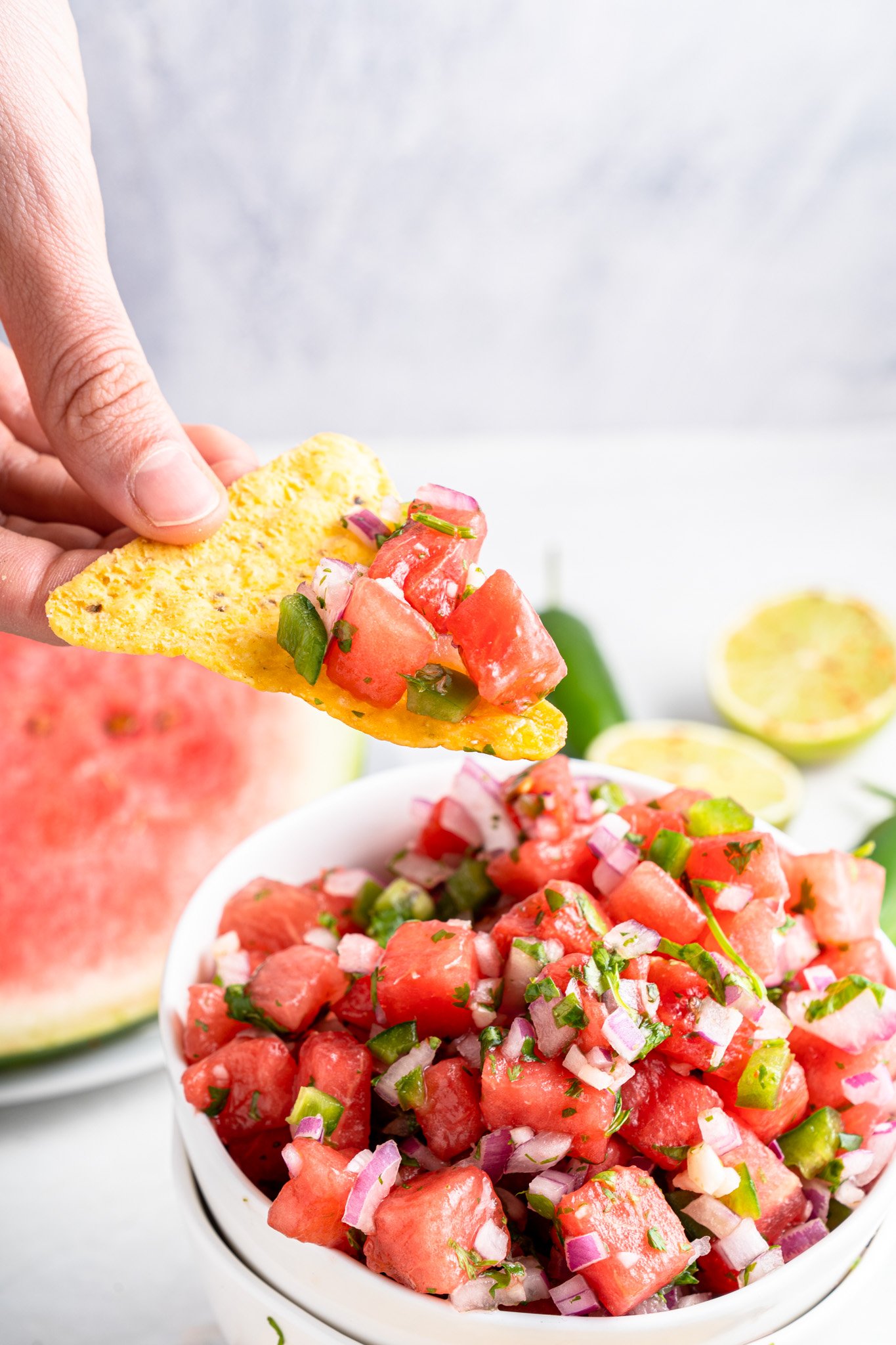 Easy Watermelon Salsa on a chip.