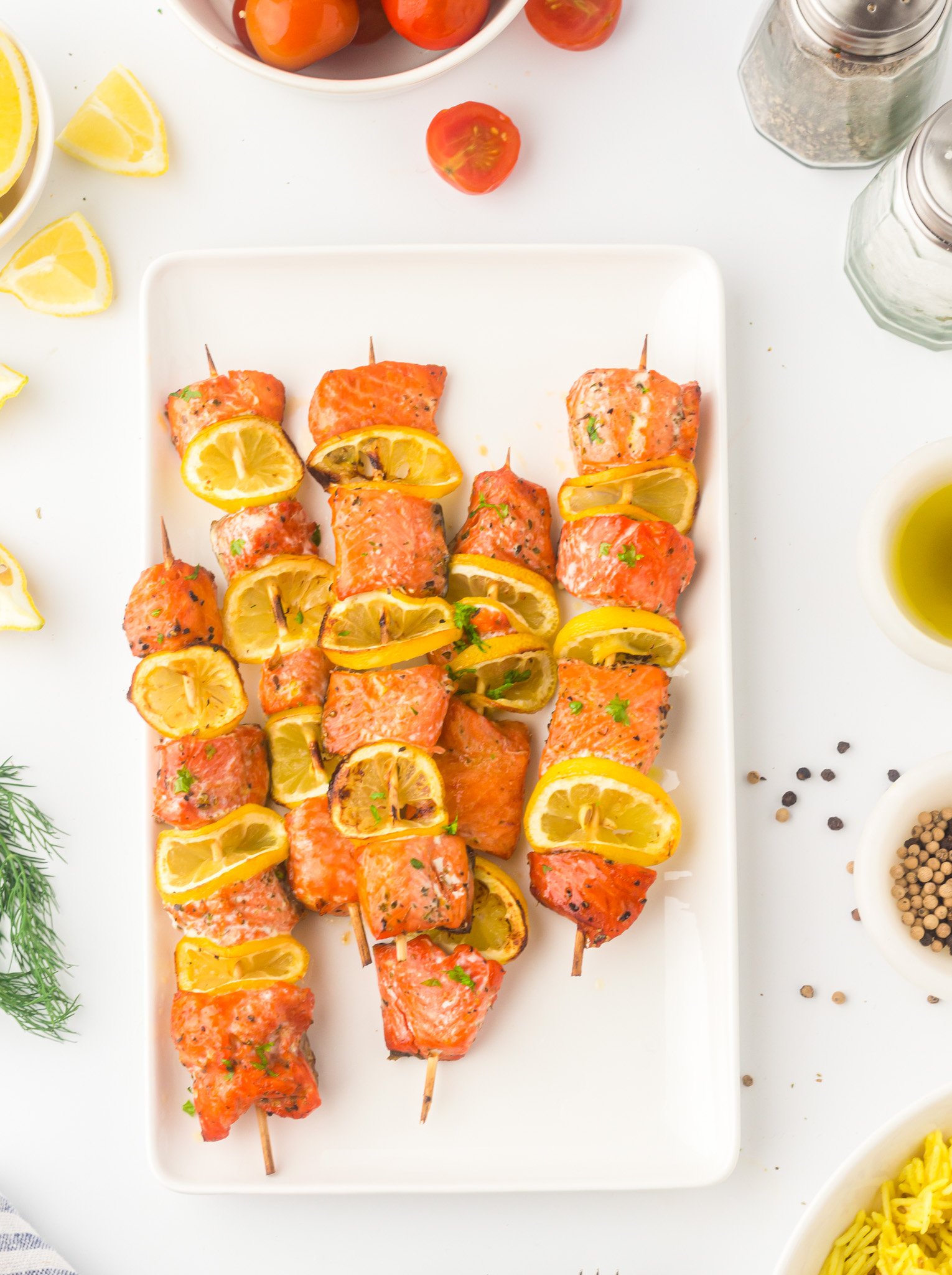 Easy Lemon Salmon Kabobs on a white platter.