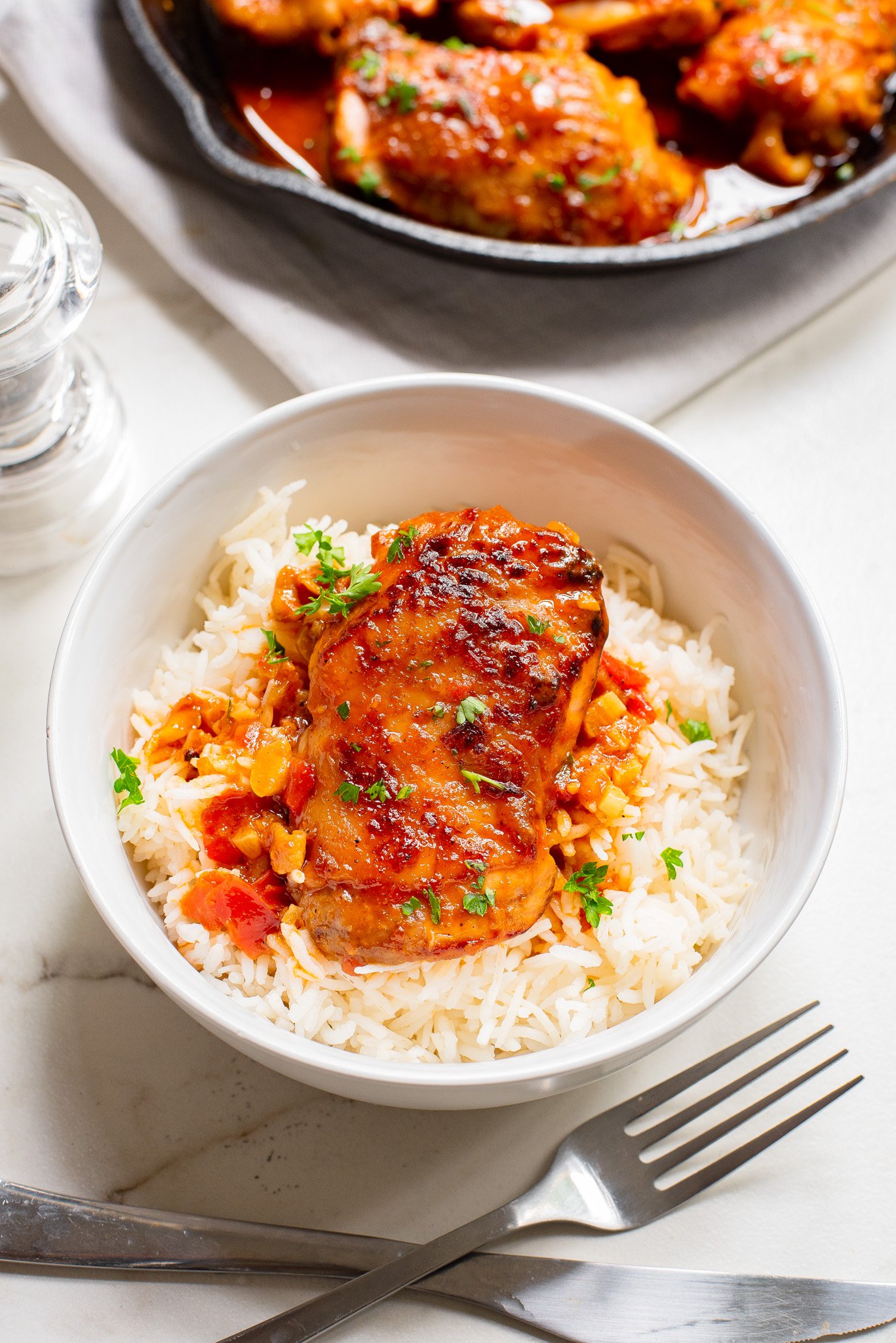 Harissa Chicken Recipe with a fork. 