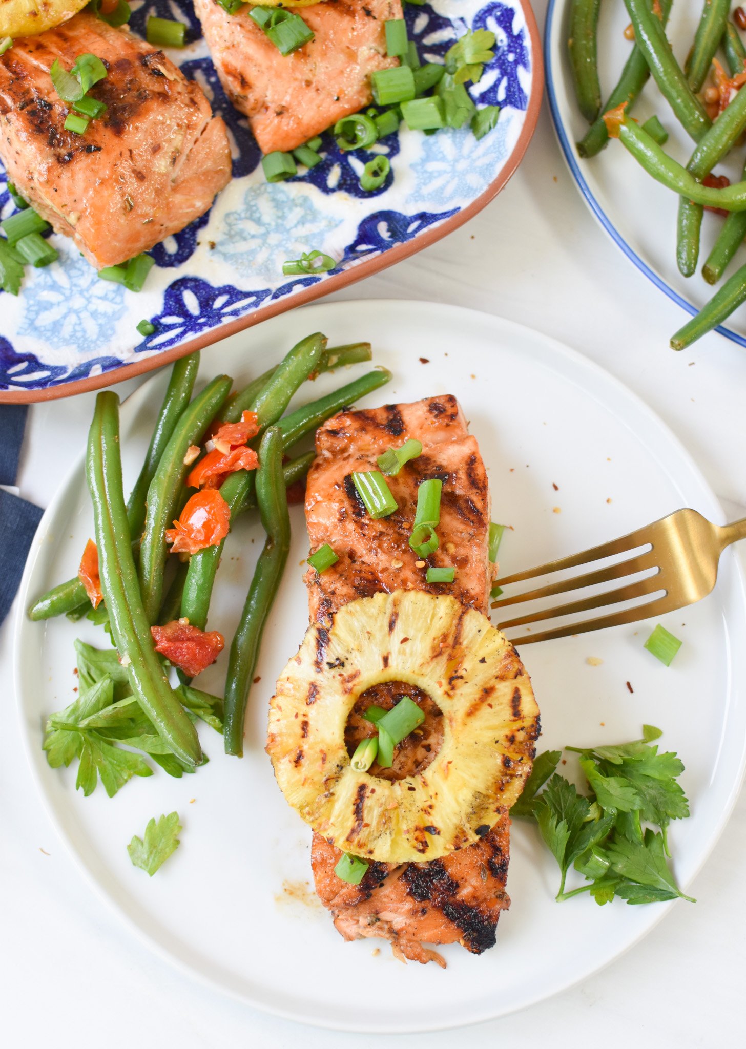 Hawaiian Grilled Salmon on a white plate. 