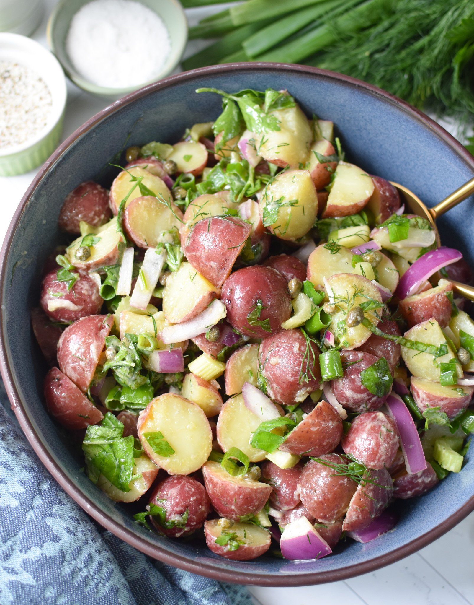 No Mayo Potato Salad in a blue bowl. 