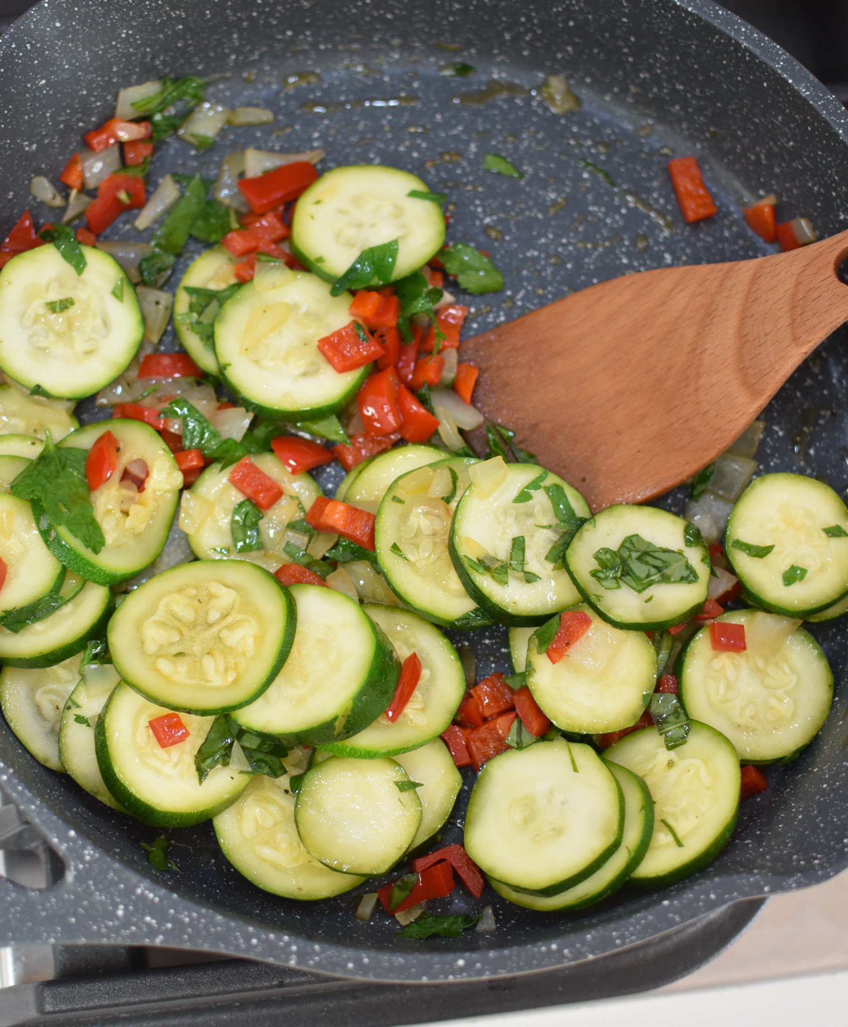 Zucchini Frittata Recipe sautéed vegetables.