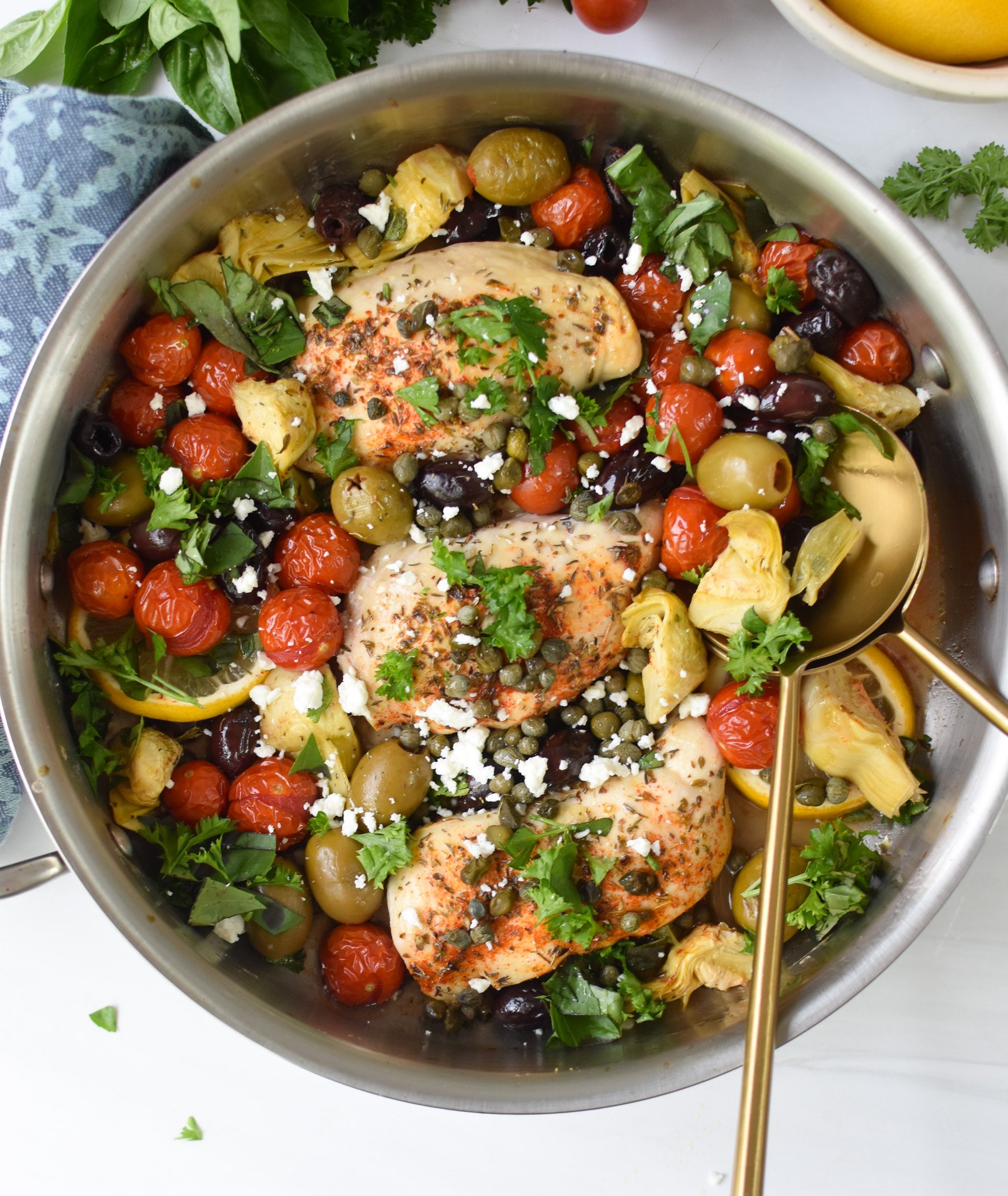 Mediterranean Skillet Chicken with feta cheese.