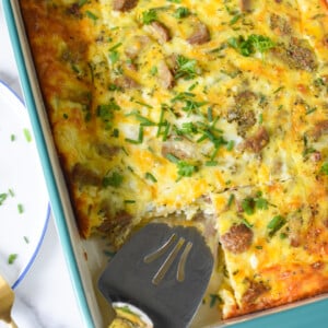 Cheese and Sausage Baked Eggs in a large casserole dish.