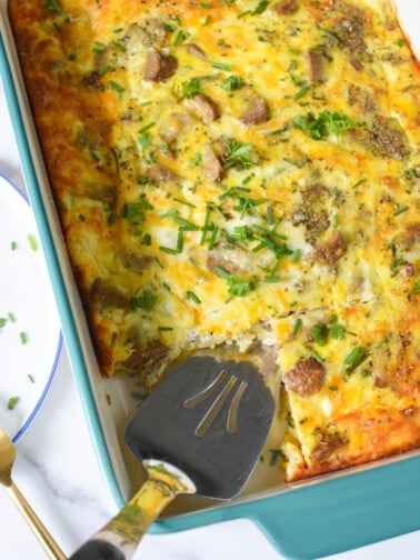 Cheese and Sausage Baked Eggs in a large casserole dish.