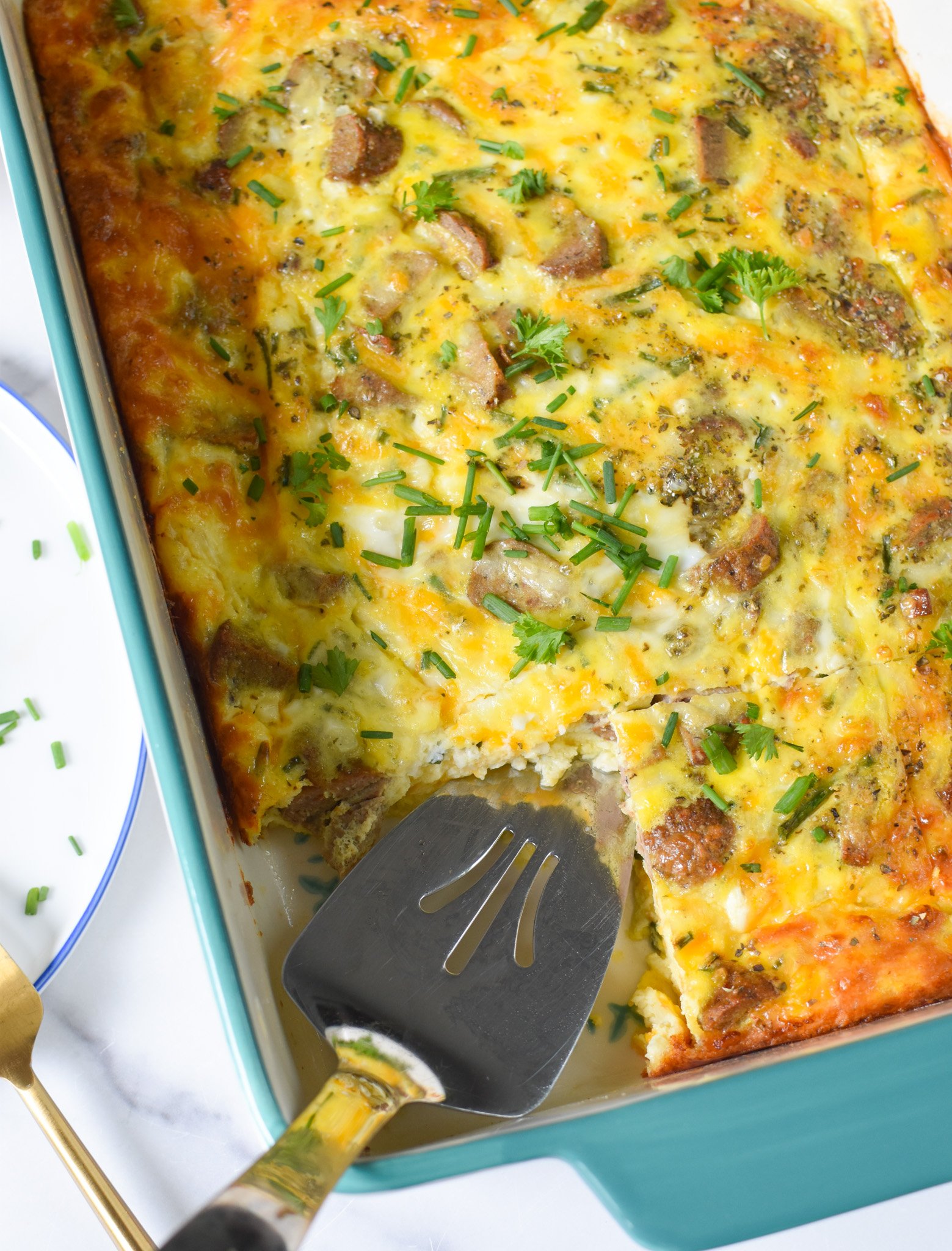 Cheese and Sausage Baked Eggs in a large casserole dish.