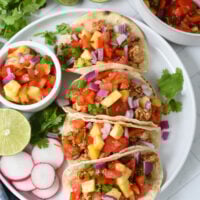 Easy Ground Pork Tacos on white plate.