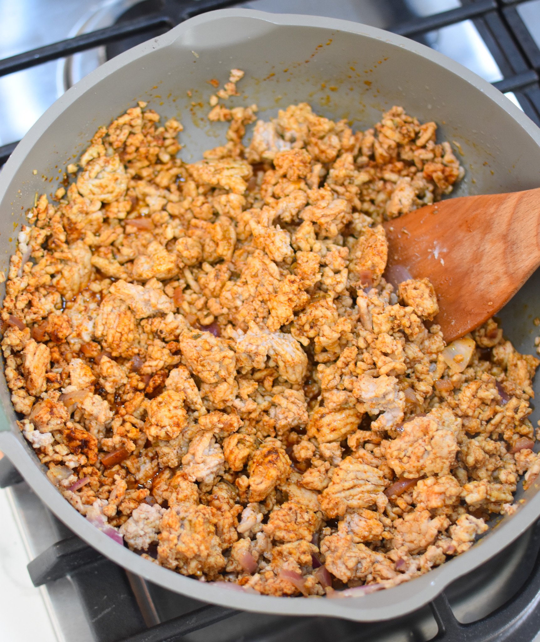 Easy Ground Pork Tacos ground pork in pan.