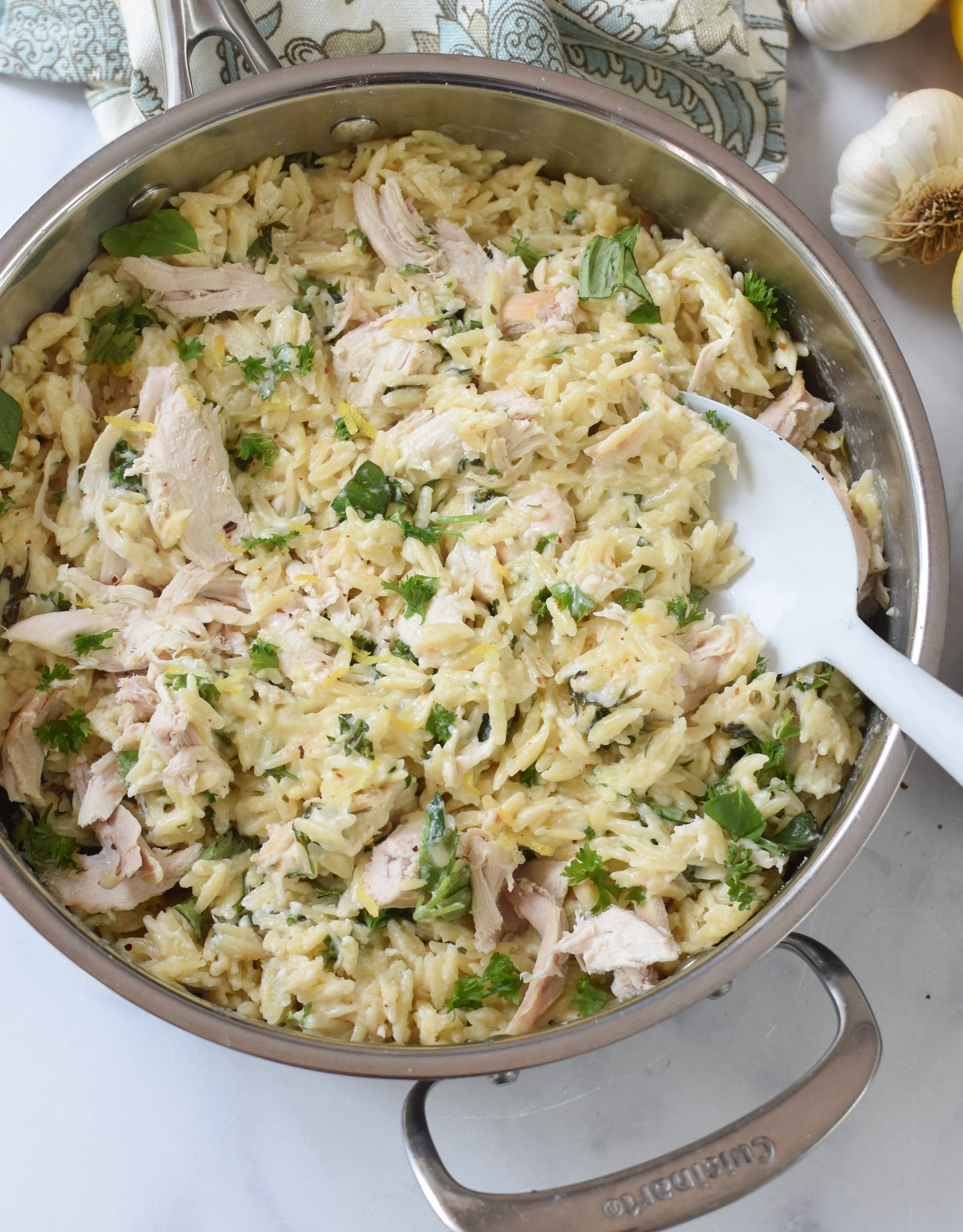 Lemon Chicken Orzo in a skillet.