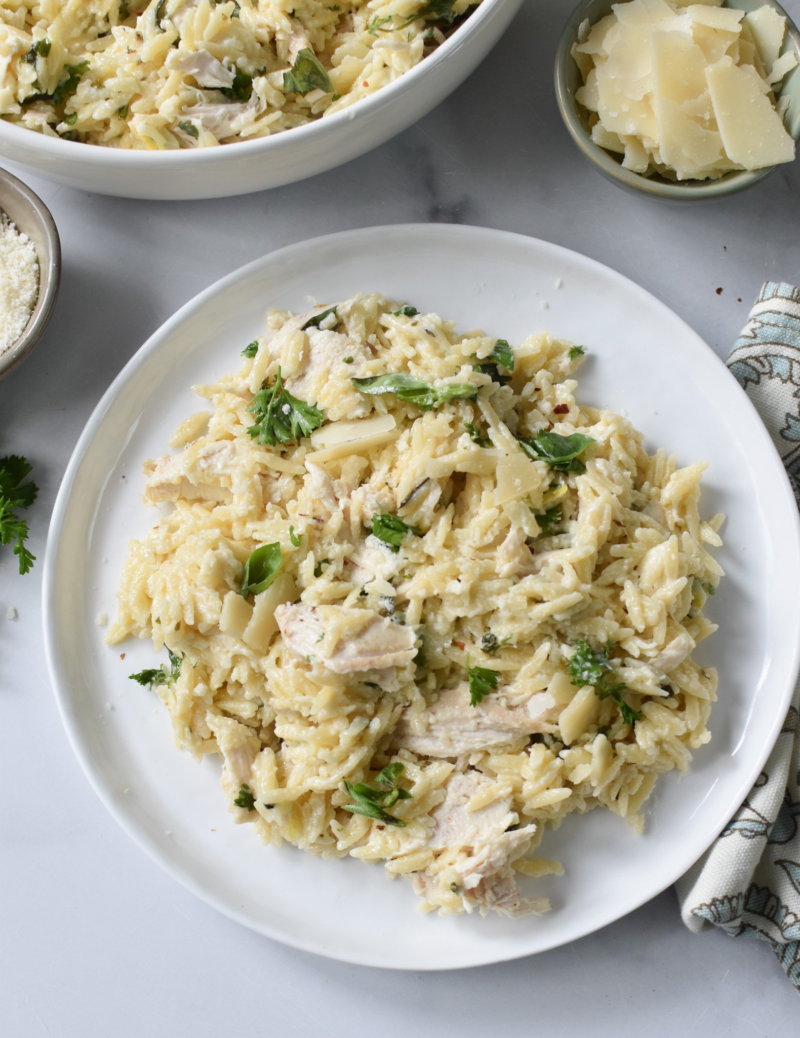 Lemon Chicken Orzo on a white plate. 