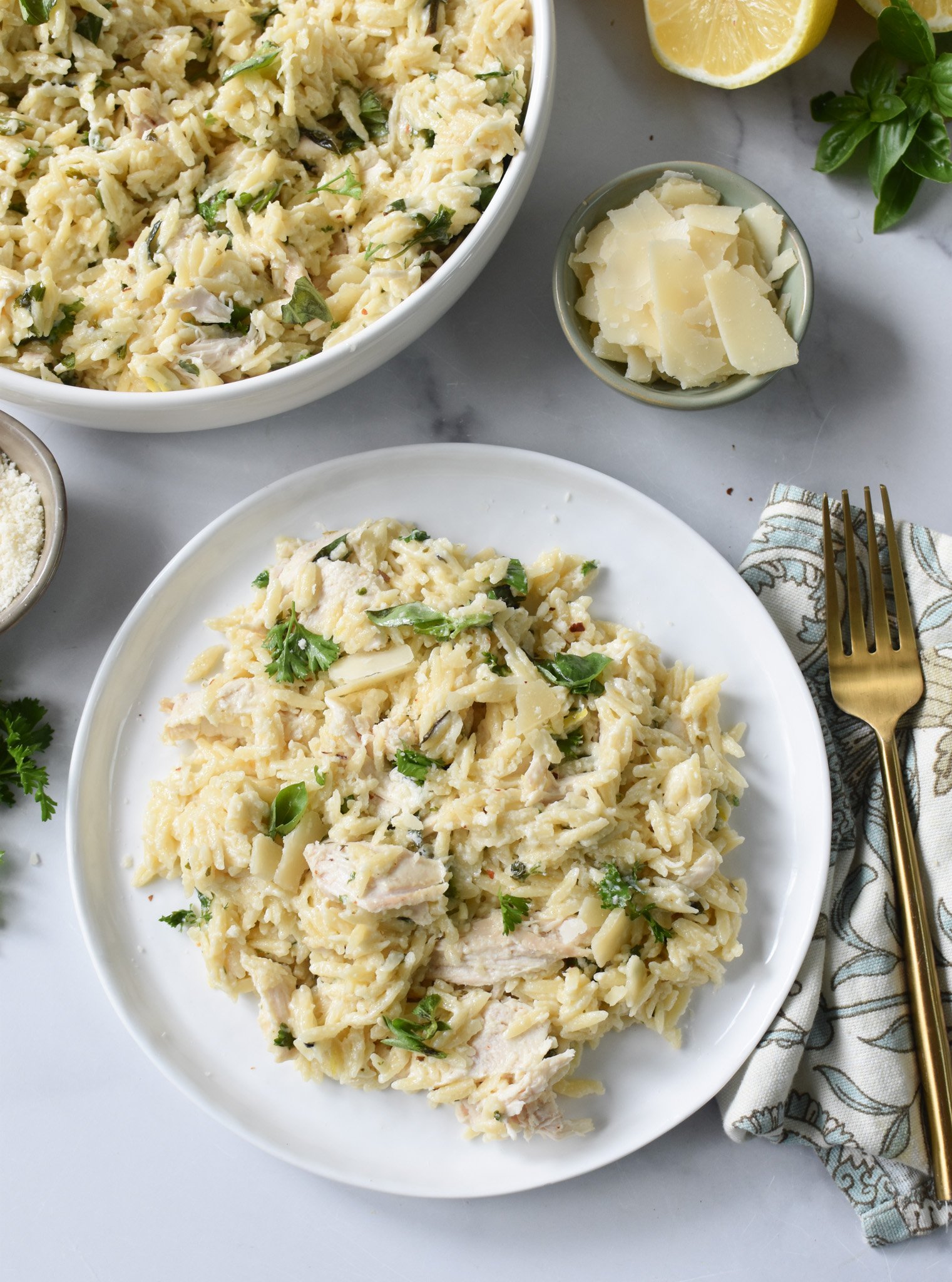 Lemon Chicken Orzo on a plate. 