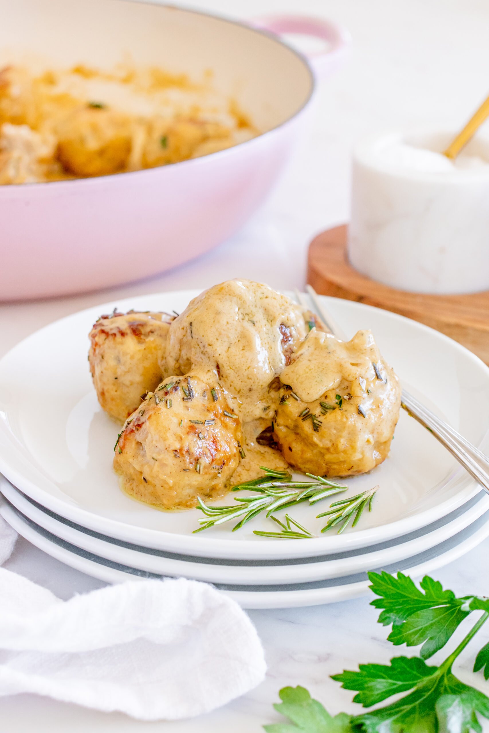Maple Dijon Turkey Meatballs with a fork.