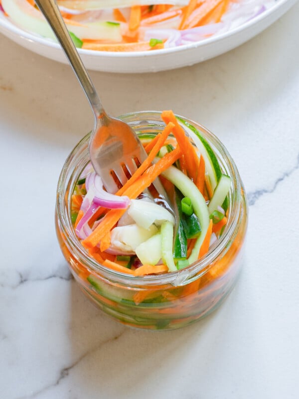 Quick Pickled Vegetables in a jar with a fork.