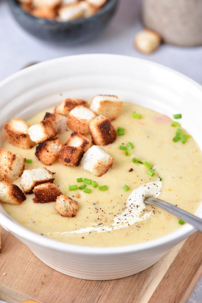 Potato Leek Soup with spoon.