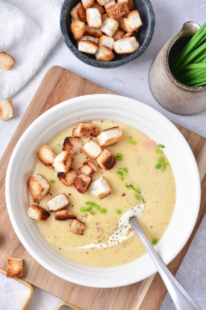 Potato Leek Soup above shot on cutting board.