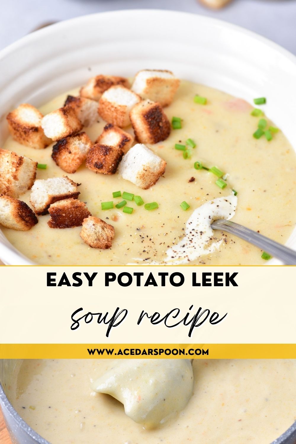 Potato Leek Soup with logo.