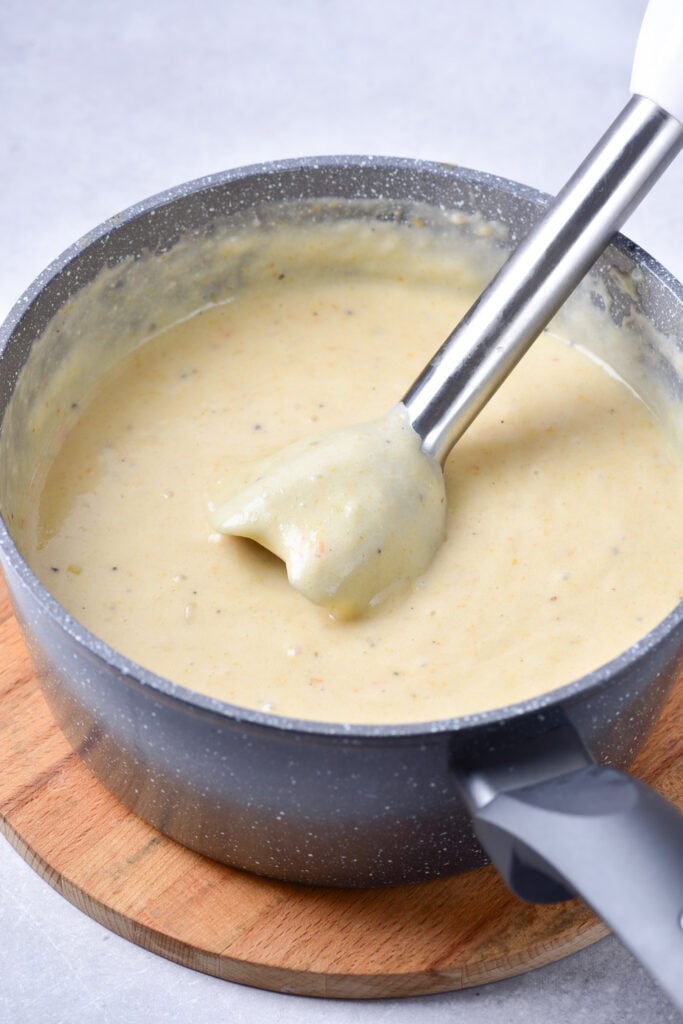 Potato Leek Soup with handheld blender.