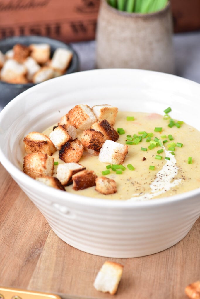 Potato Leek Soup with croutons.