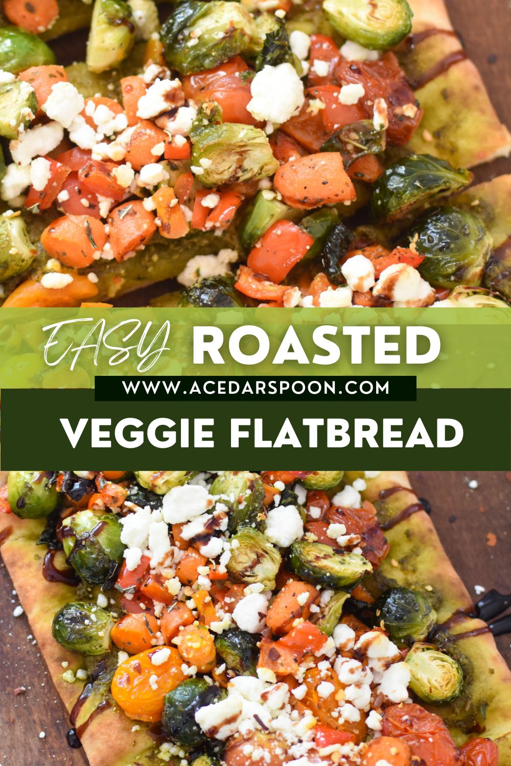 Roasted Vegetable Goat Cheese Flatbread Pizza Recipe with logo. 