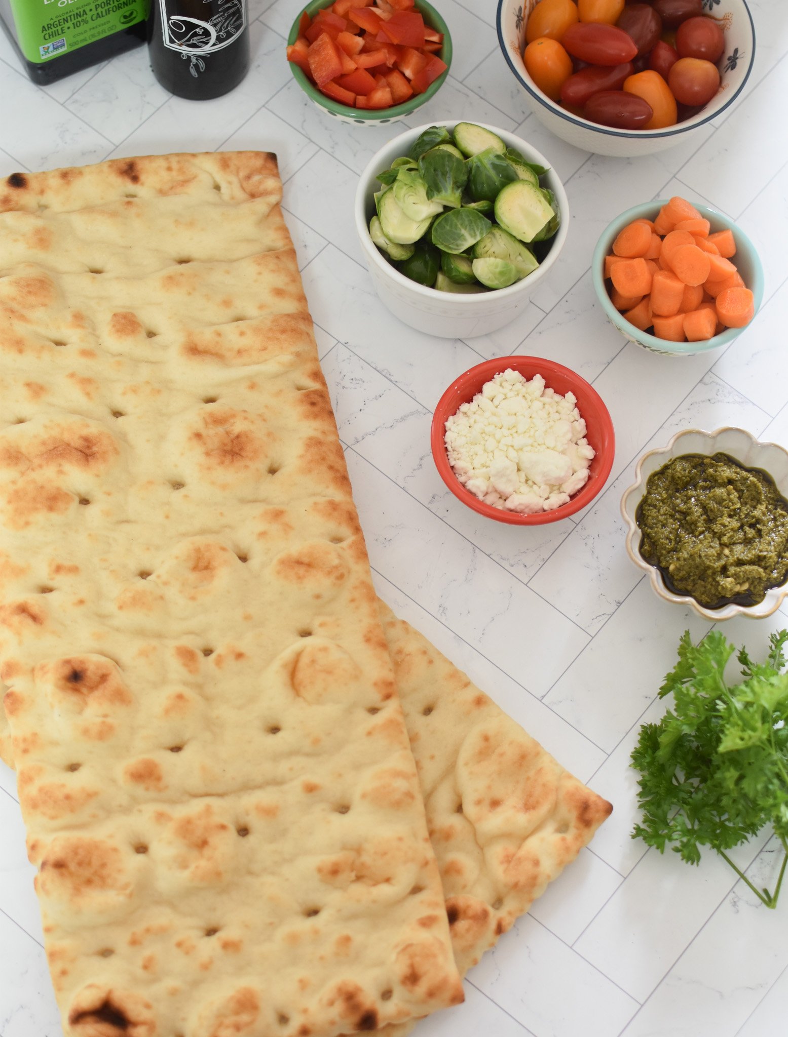 Roasted Vegetable Goat Cheese Flatbread Pizza Recipe ingredients. 