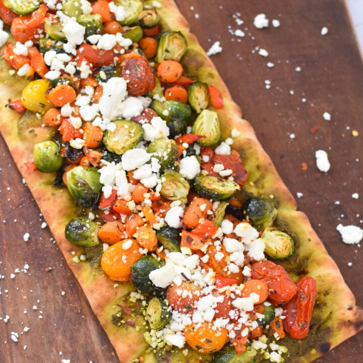 Roasted Vegetable Goat Cheese Flatbread Pizza Recipe with goat cheese.