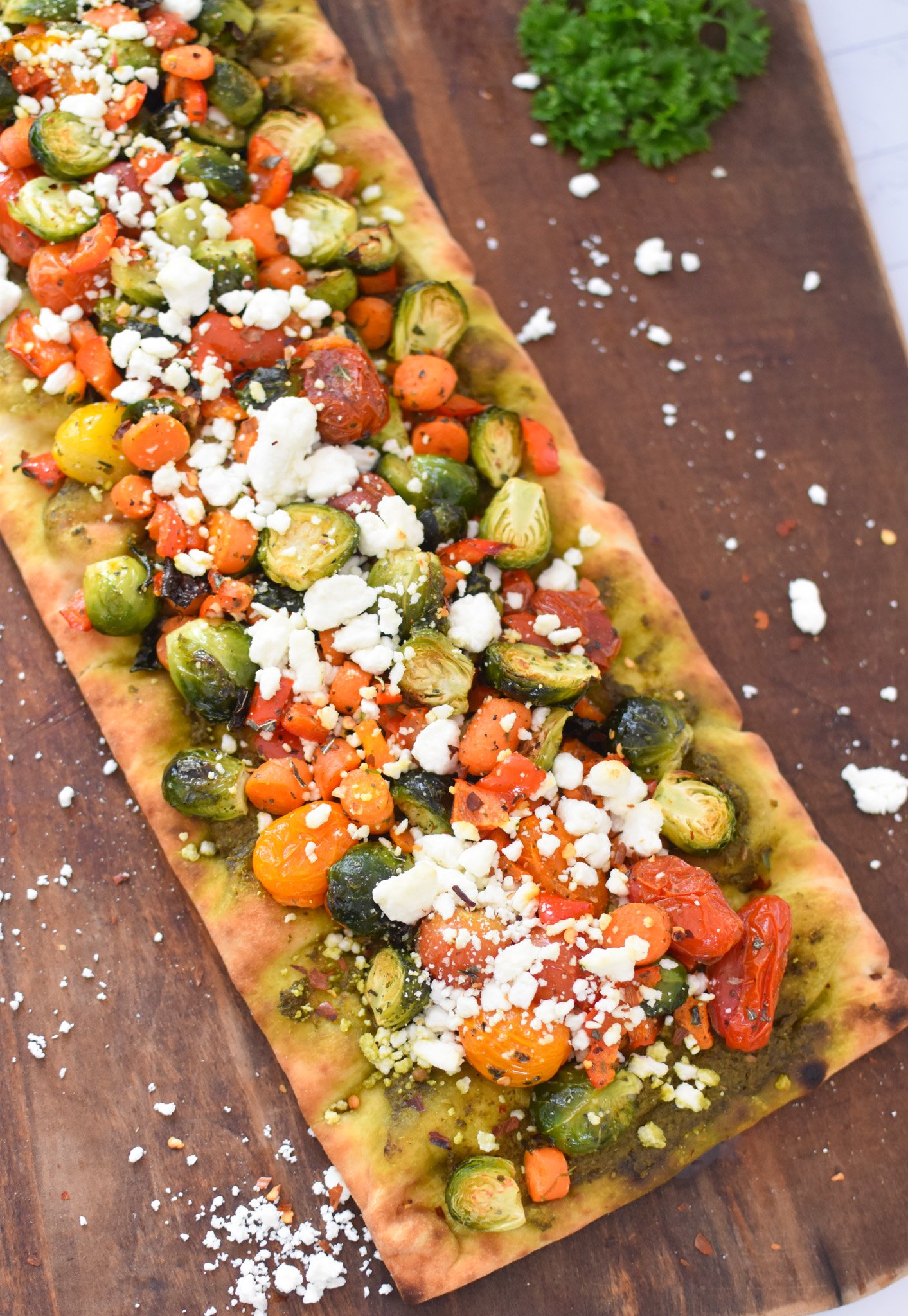 Roasted Vegetable Goat Cheese Flatbread Pizza Recipe with goat cheese. 