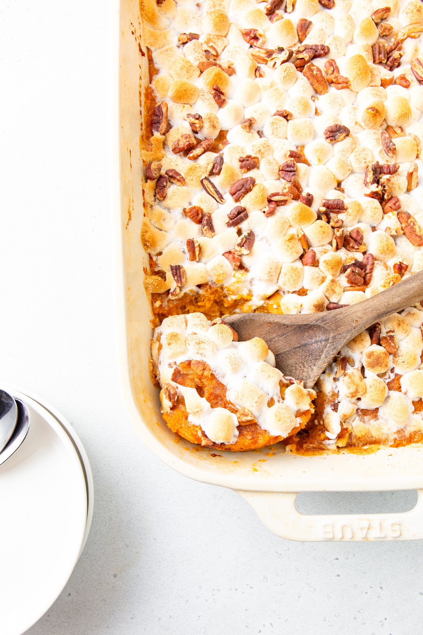 Sweet Potato Casserole with Marshmallows in a casserole dish
