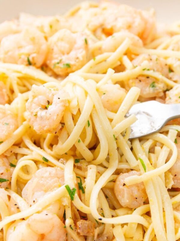 Lemon Garlic Shrimp Pasta in a bowl with a fork