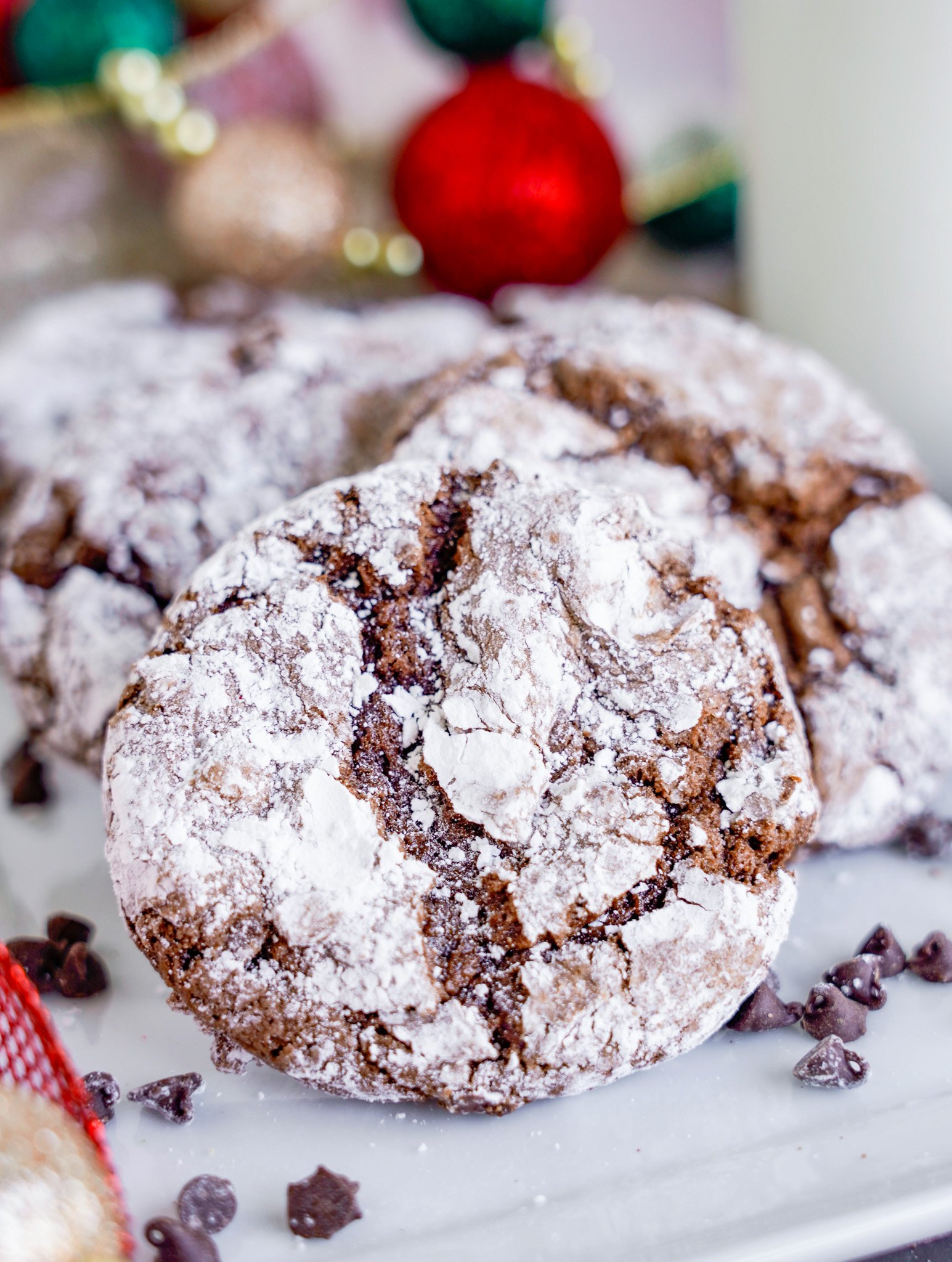 Chocolate Crinkle Cookie Recipe on white plate.