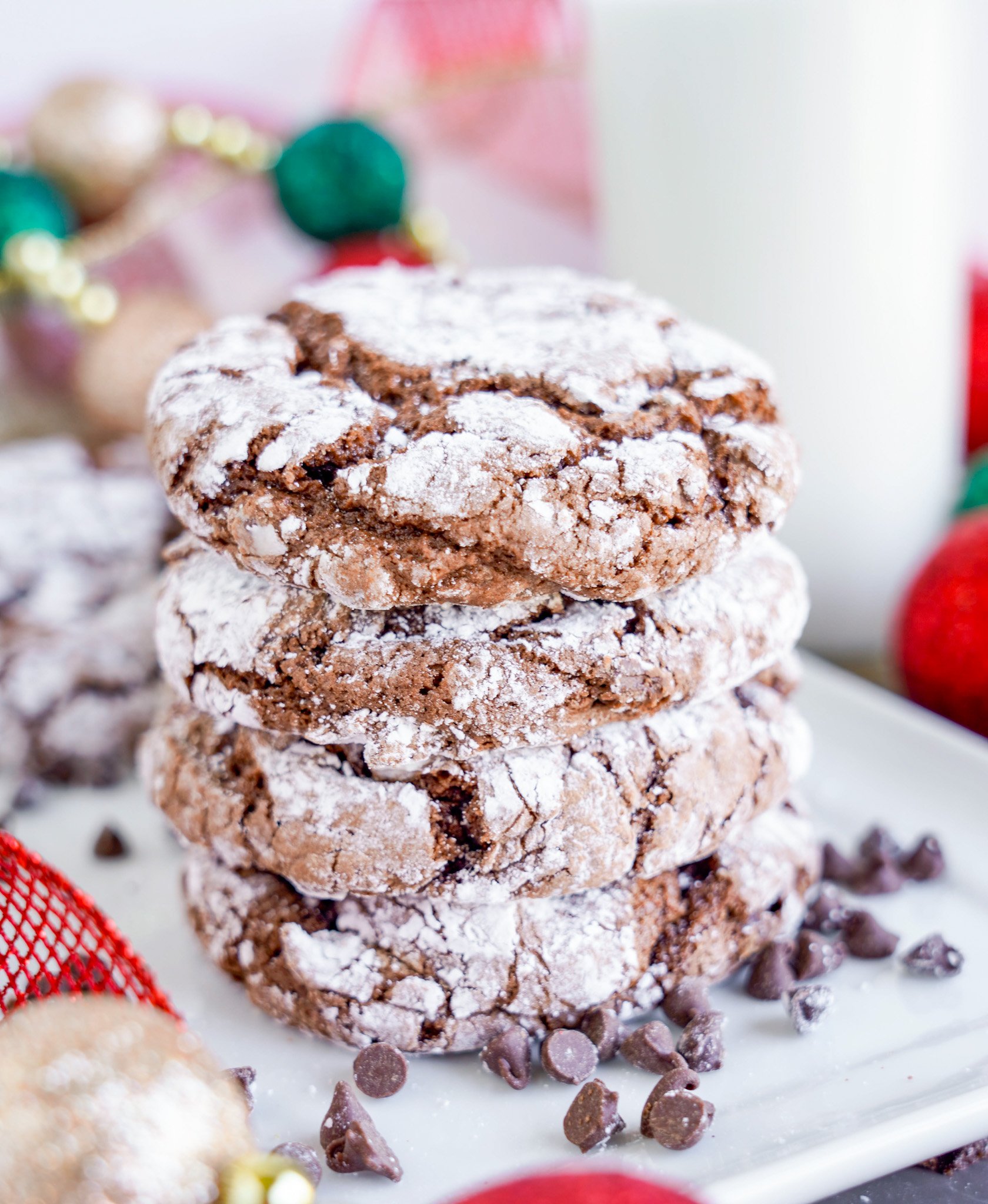 Chocolate Crinkle Cookie Recipe cookies stacked. 