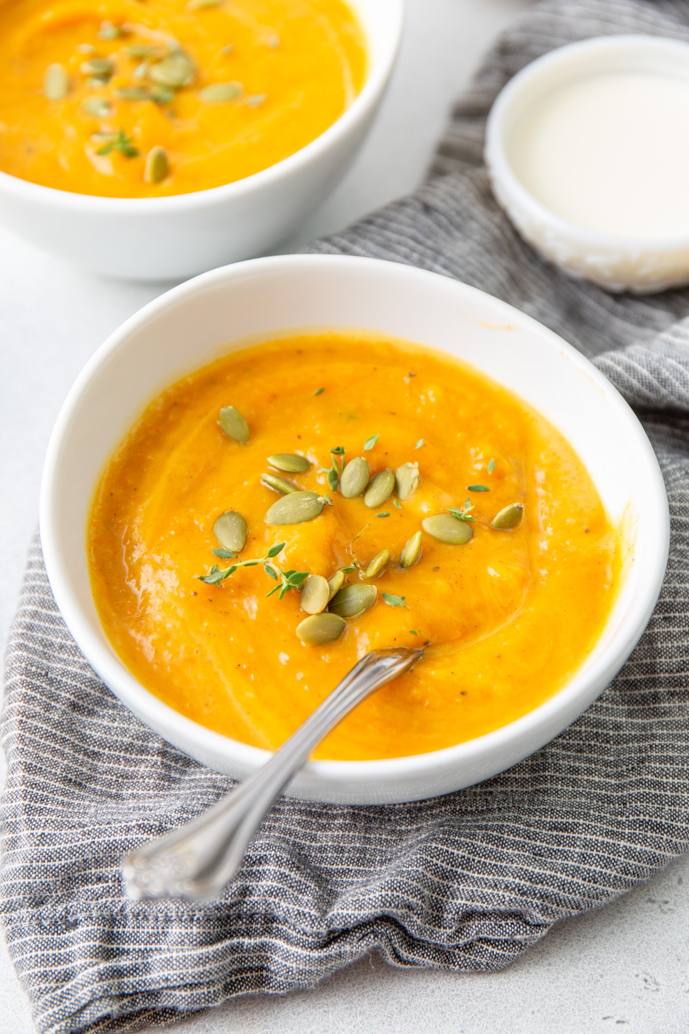 Easy Roasted Butternut Squash Soup with blue napkin 