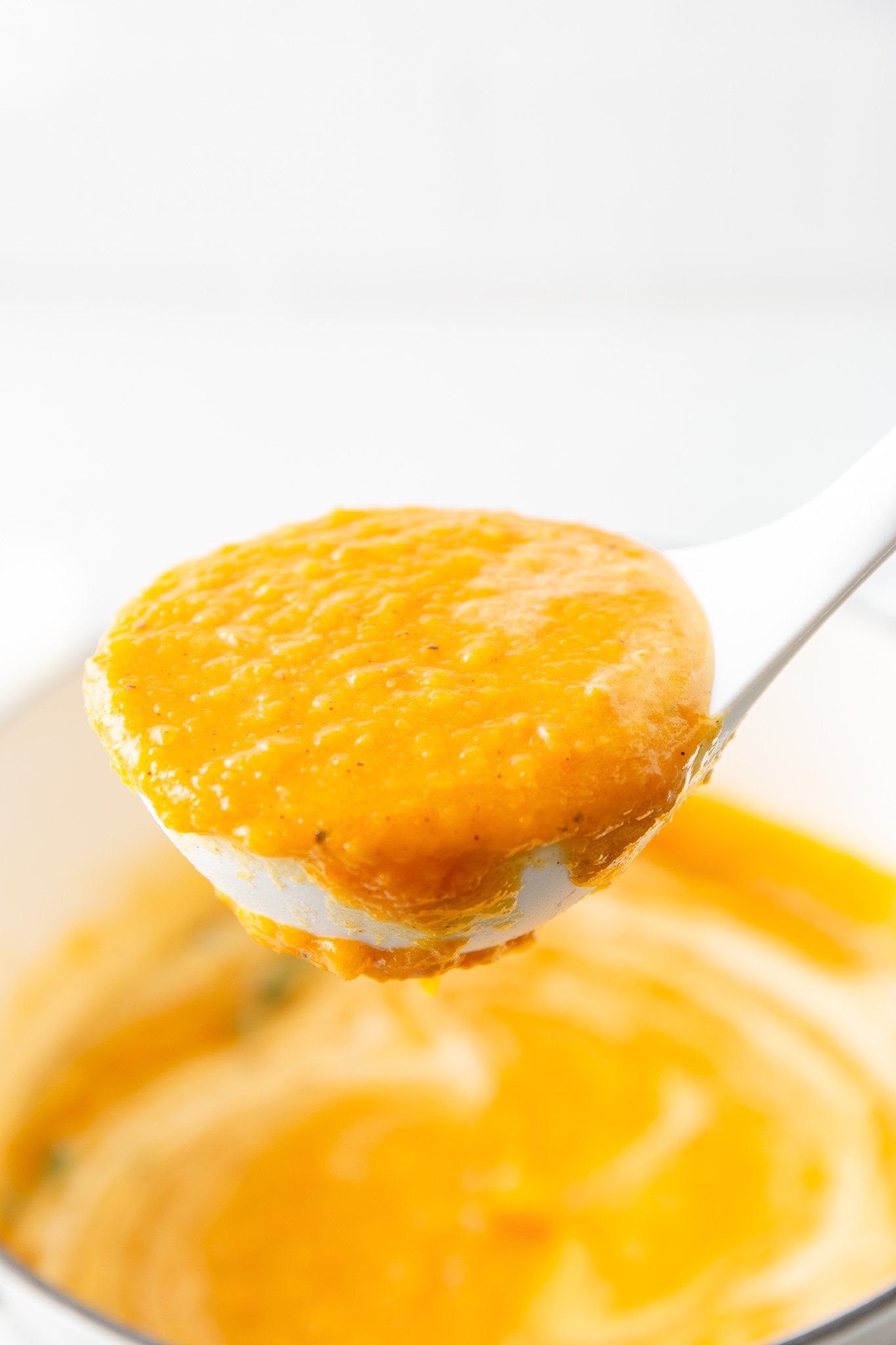 Easy Roasted Butternut Squash Soup on ladle.
