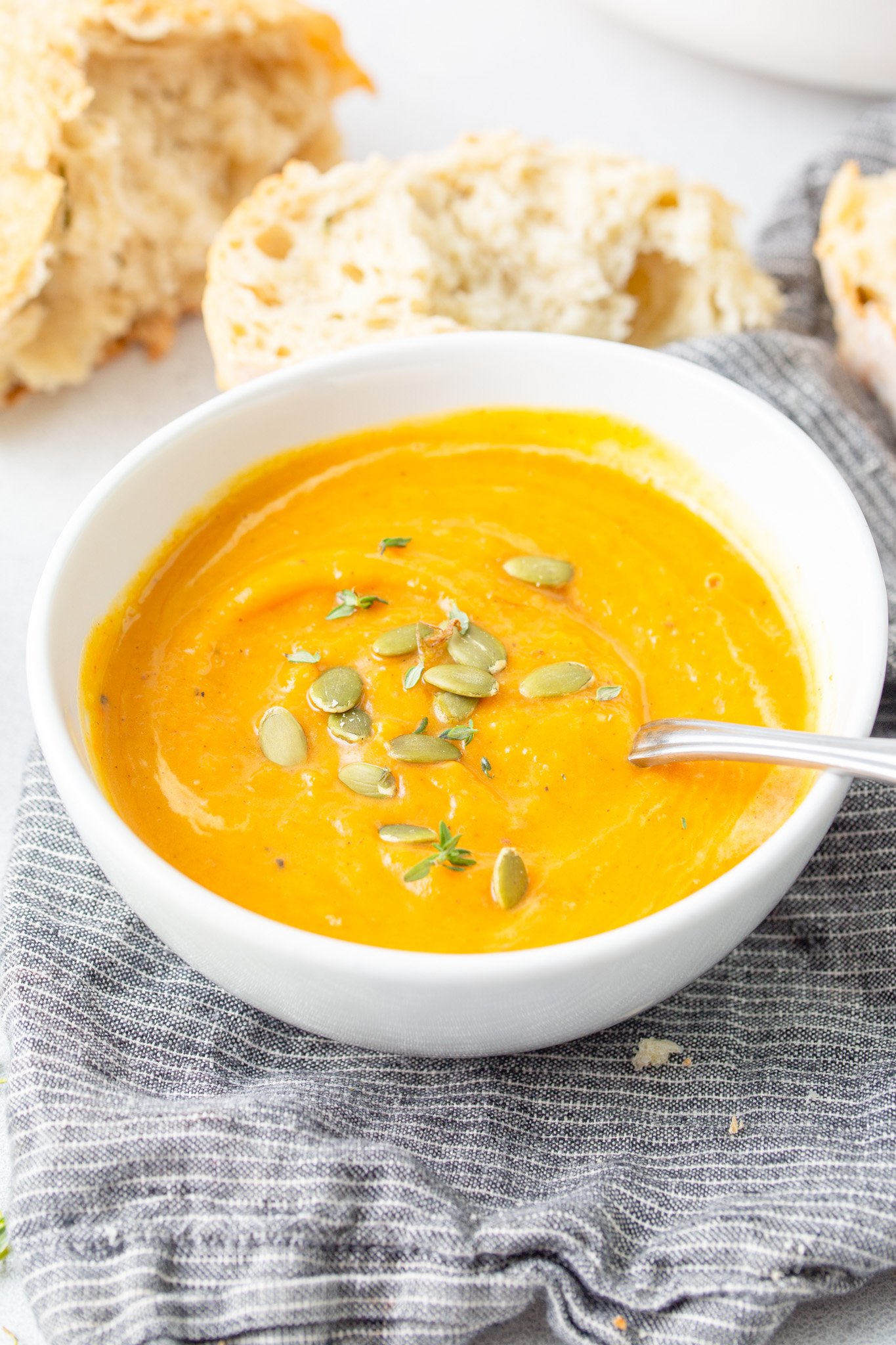 Easy Roasted Butternut Squash Soup with white bowl. 