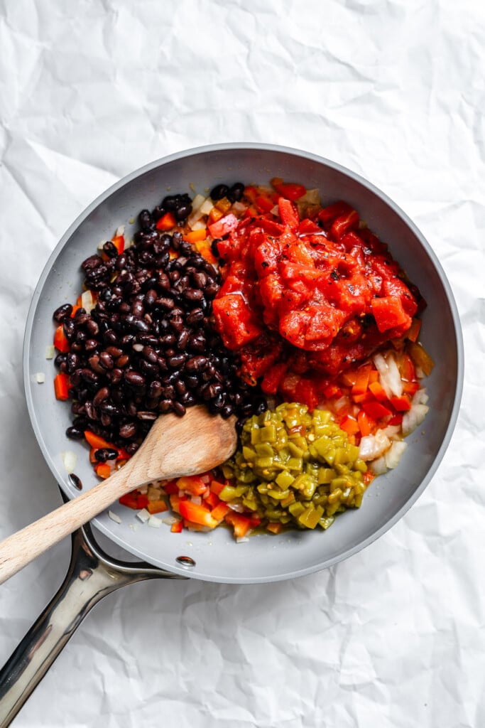 Easy Vegetarian Enchiladas Recipe ingredients in skillet 