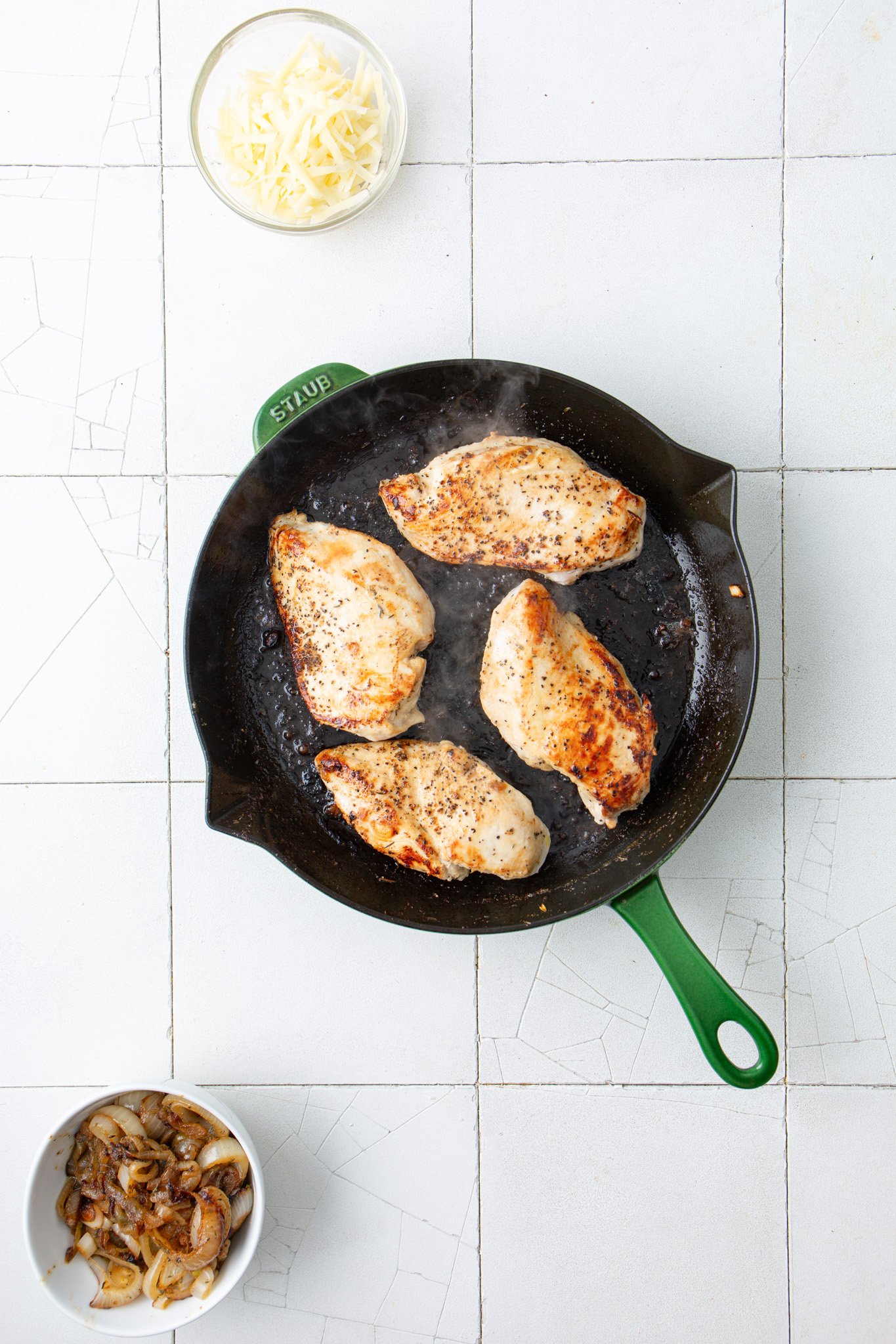 French Onion Chicken chicken in skillet 