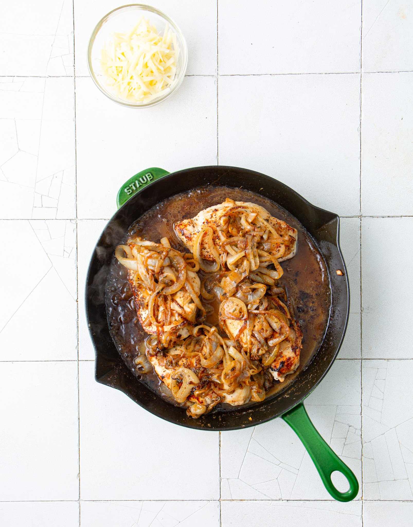 French Onion Chicken chicken in a skillet 
