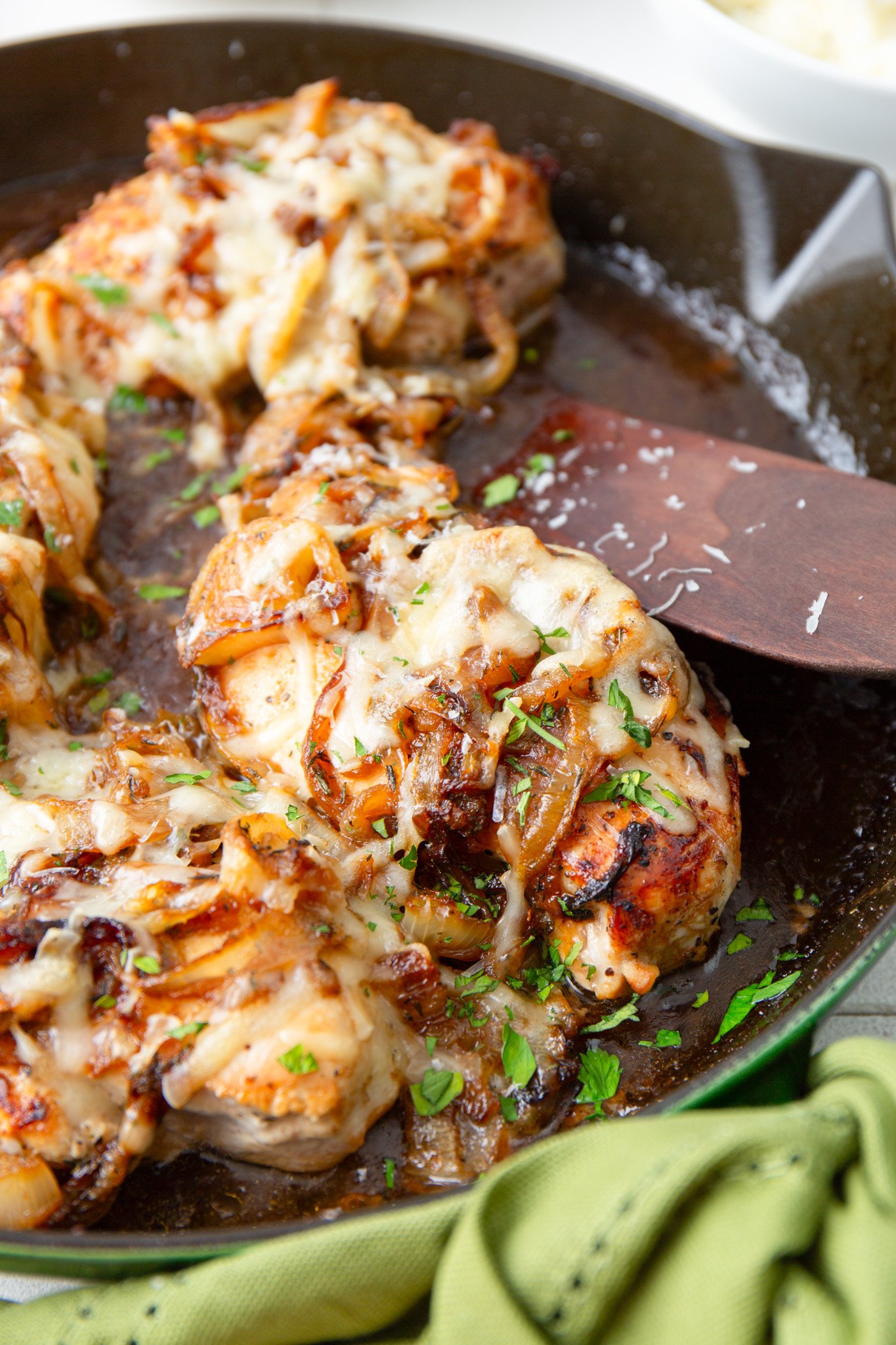 French Onion Chicken in a skillet with cheese 