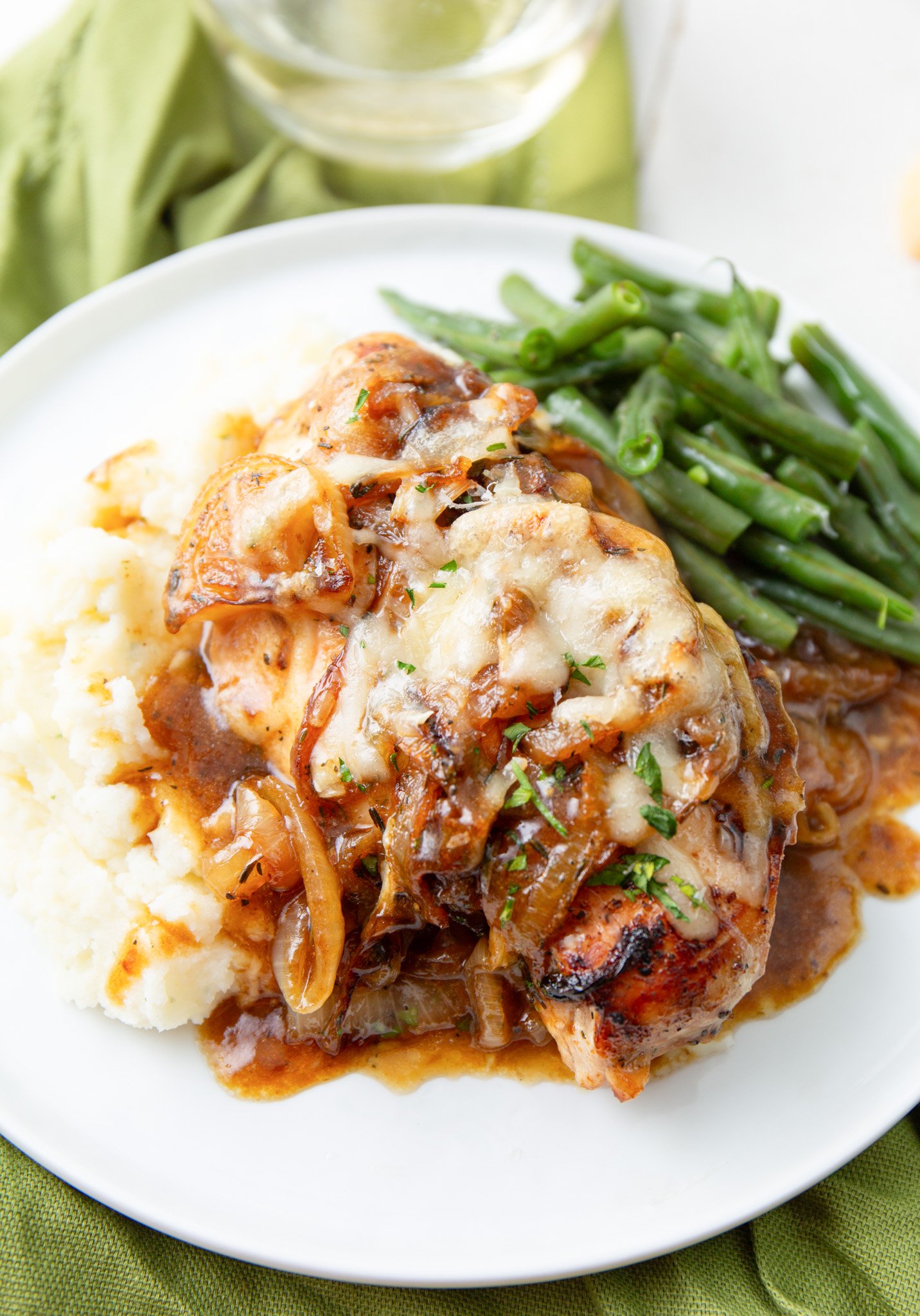French Onion Chicken on a white plate.