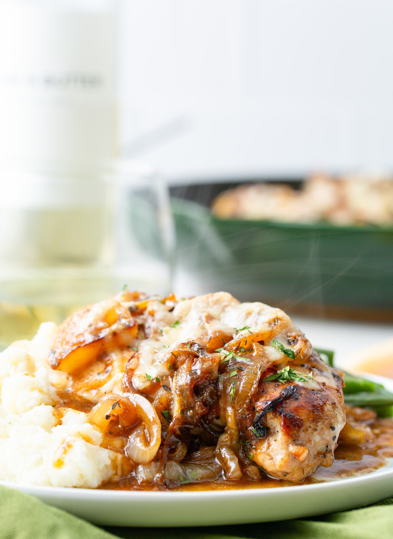 French Onion Chicken with bottle of wine 