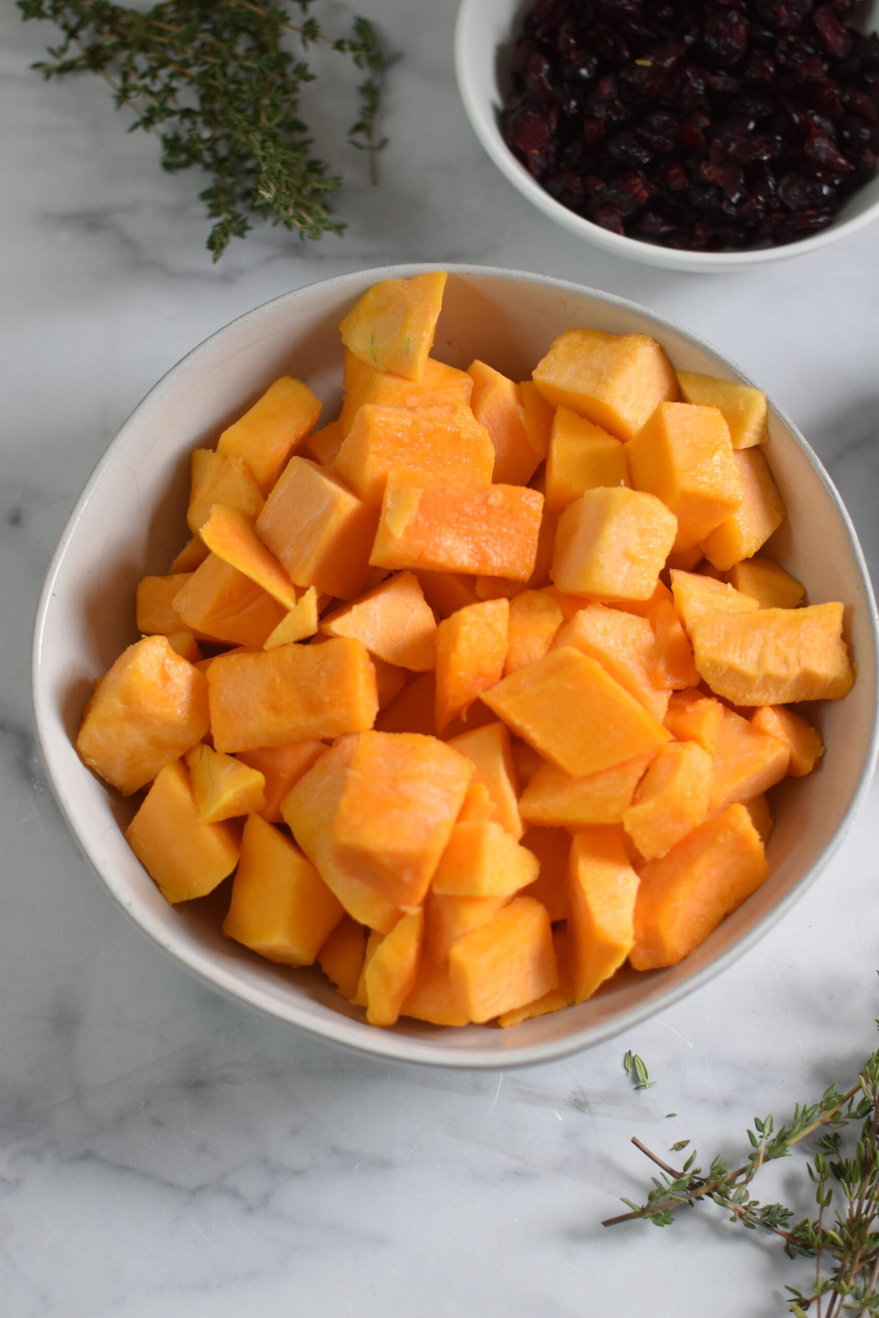 Roasted Butternut Squash with Cranberries in bowl 