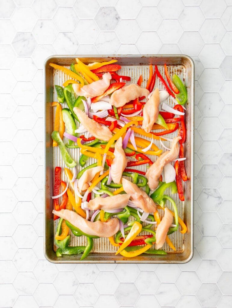 Sheet Pan Chicken Fajitas on a sheet pan