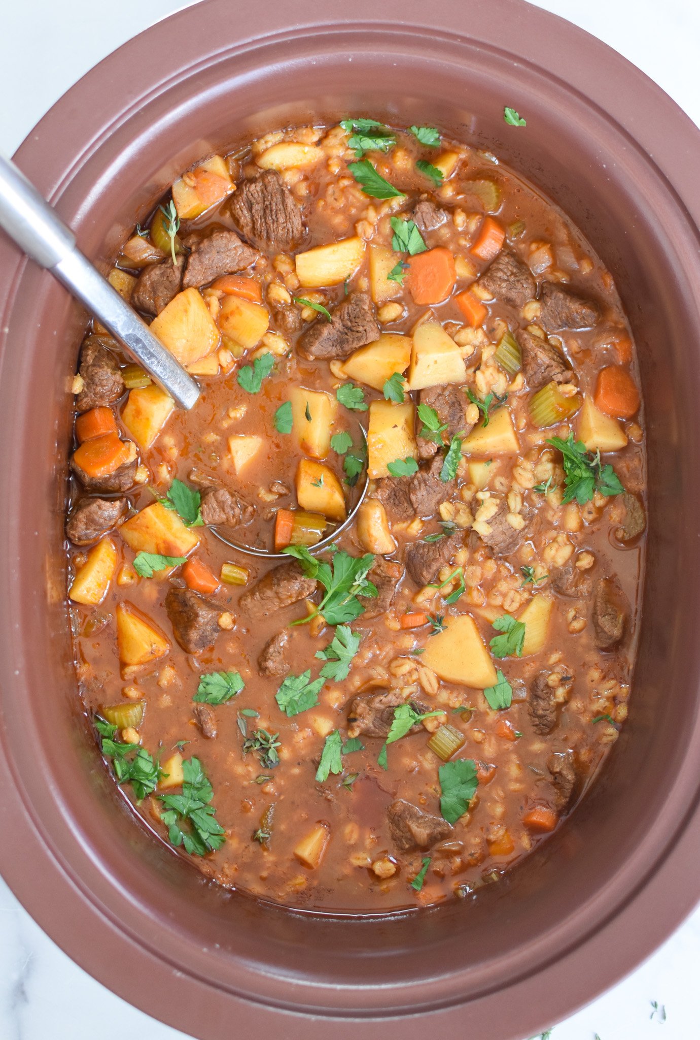 Slow Cooker Beef Barley Soup in crockpot 