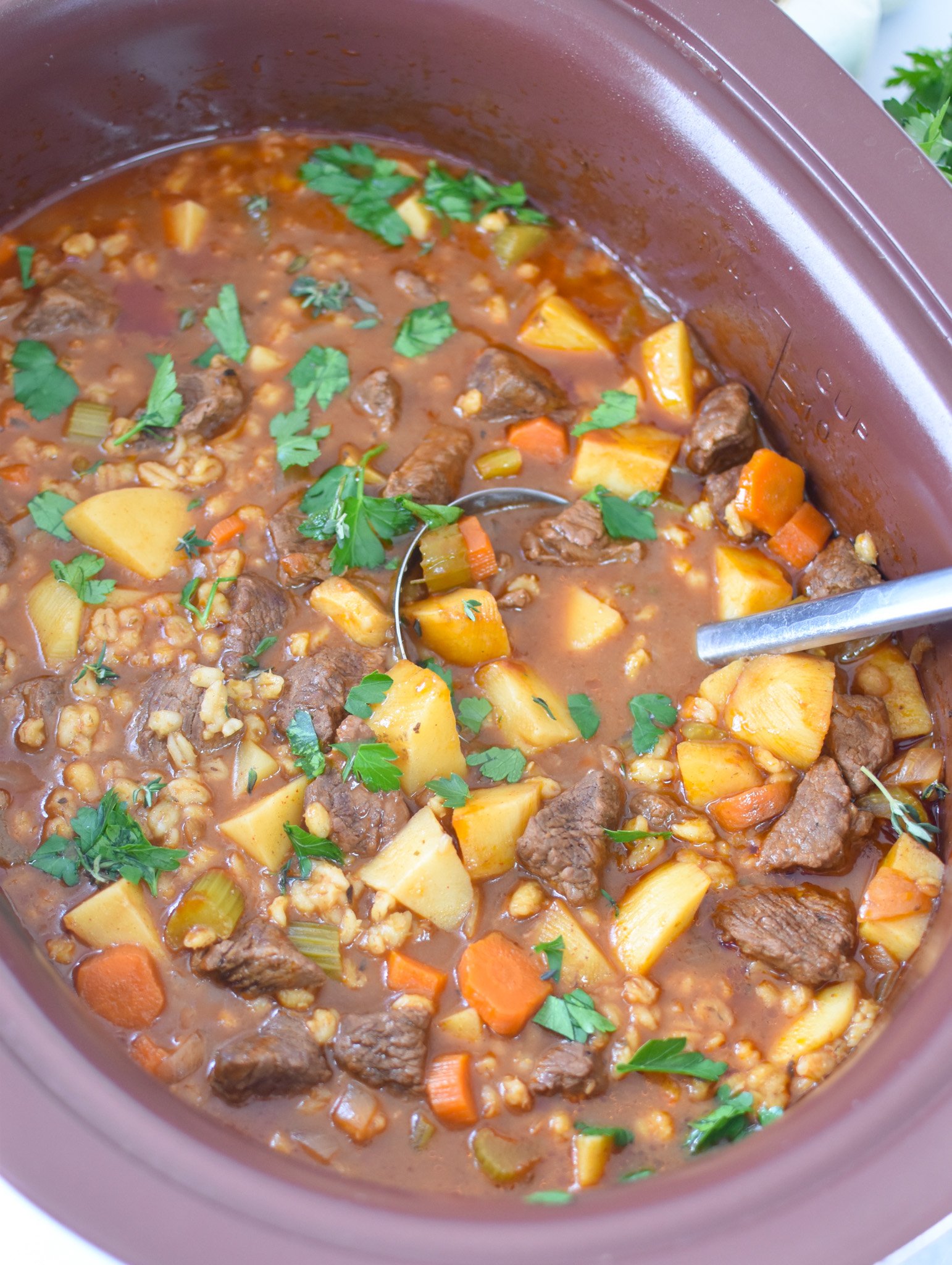 Slow Cooker Beef Barley Soup in crockpot