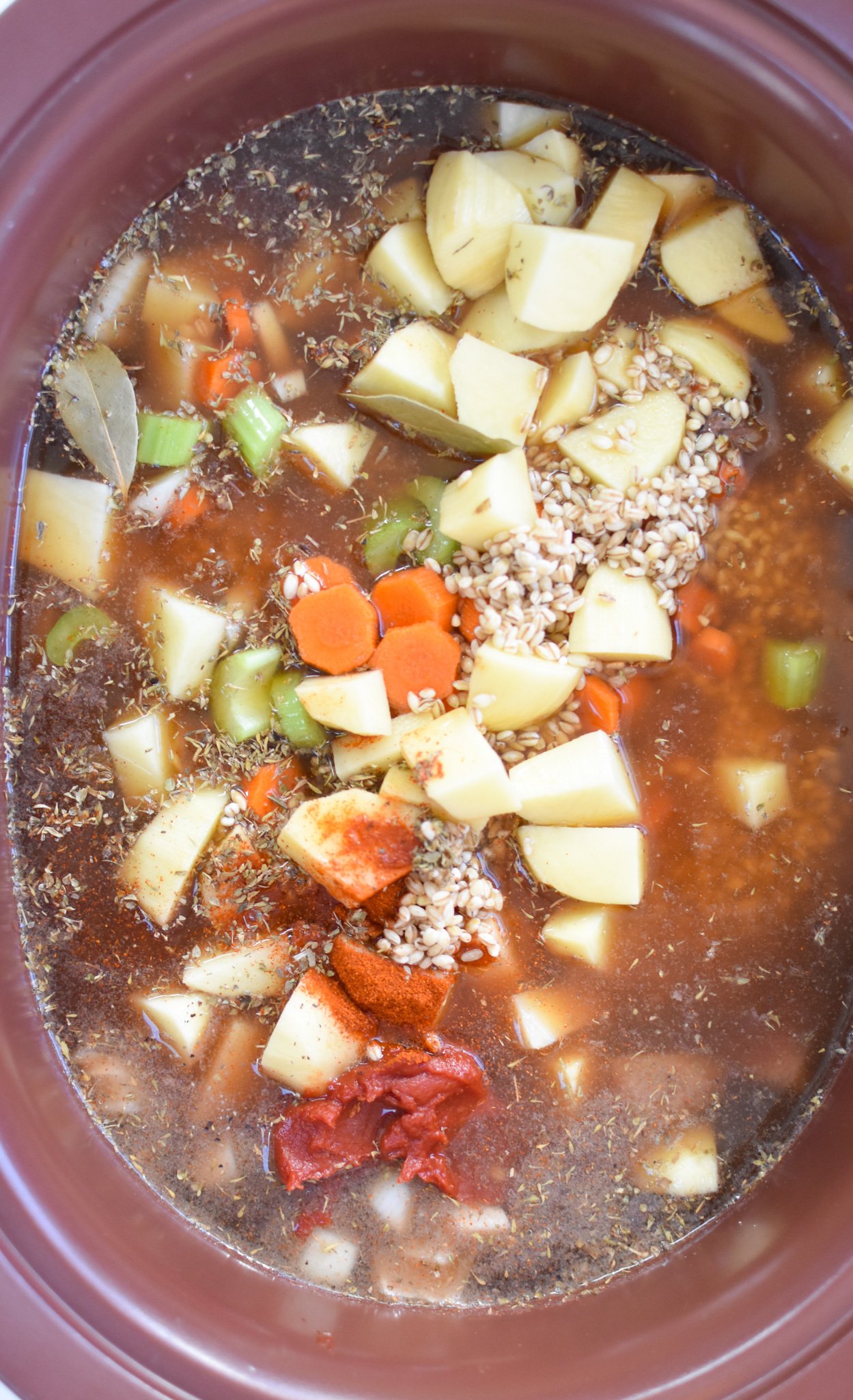 Slow Cooker Beef Barley Soup ingredients in crockpot