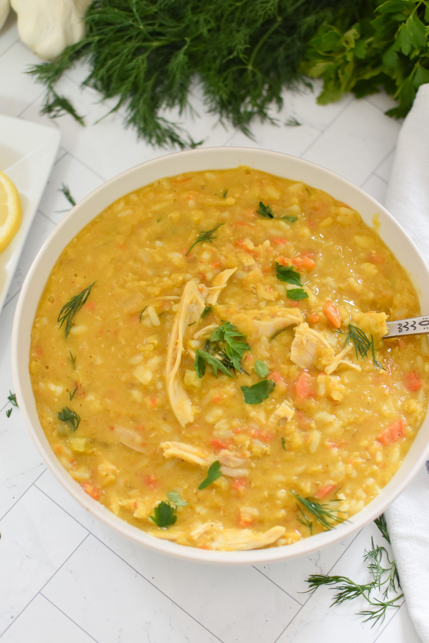 Chicken Lentil Soup Recipe with spoon.