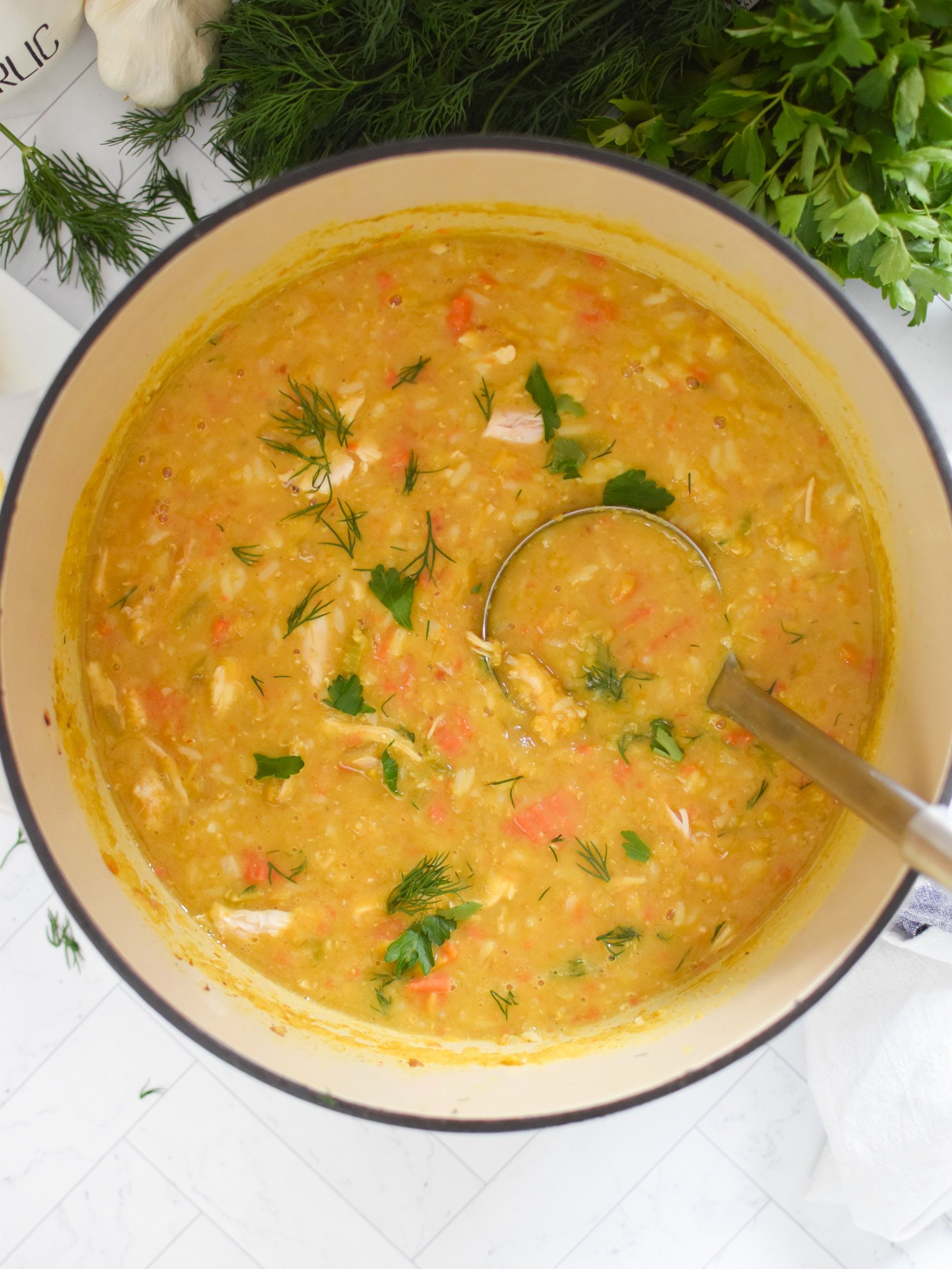 Chicken Lentil Soup Recipe with ladle