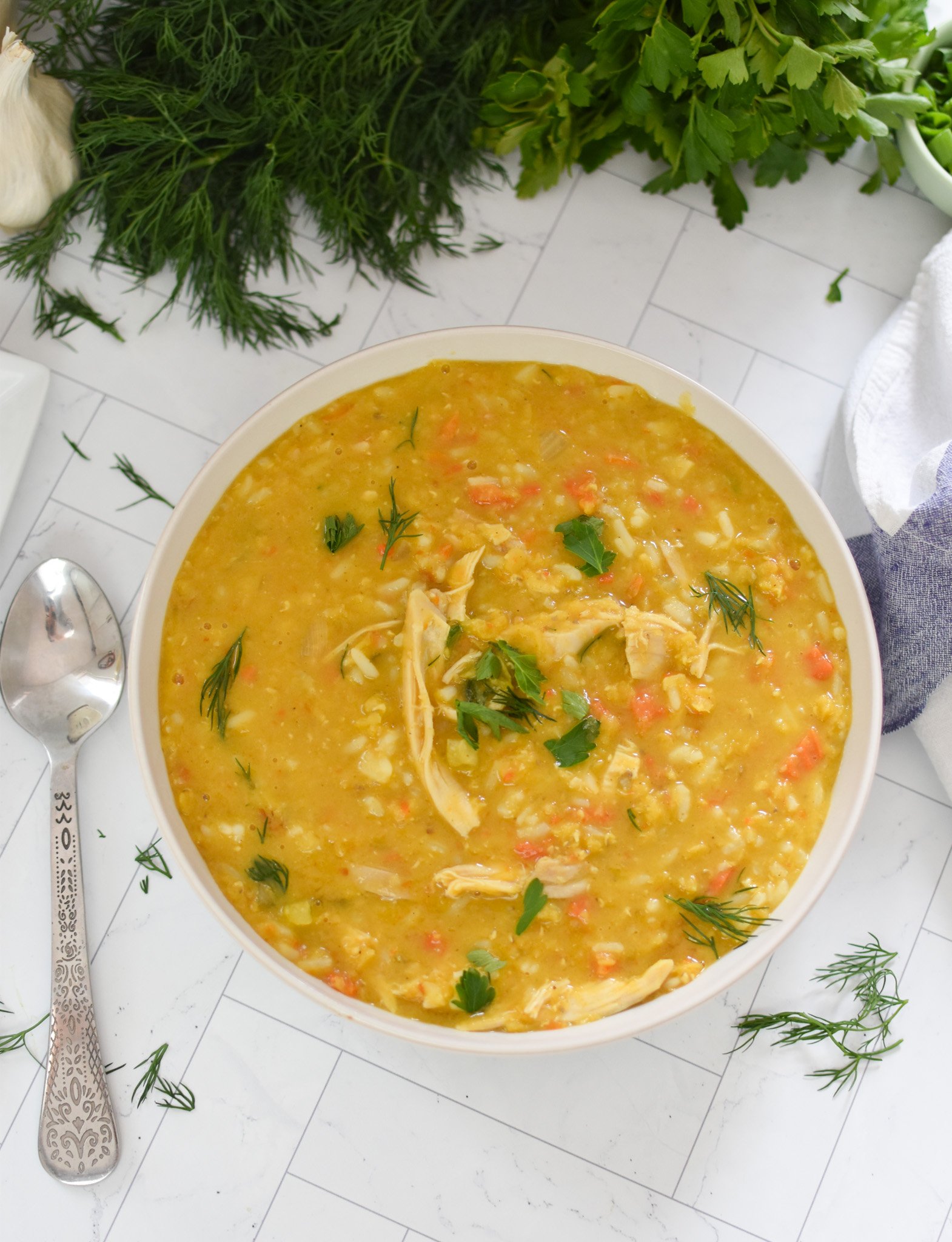 Chicken Lentil Soup Recipe with spoon and napkin